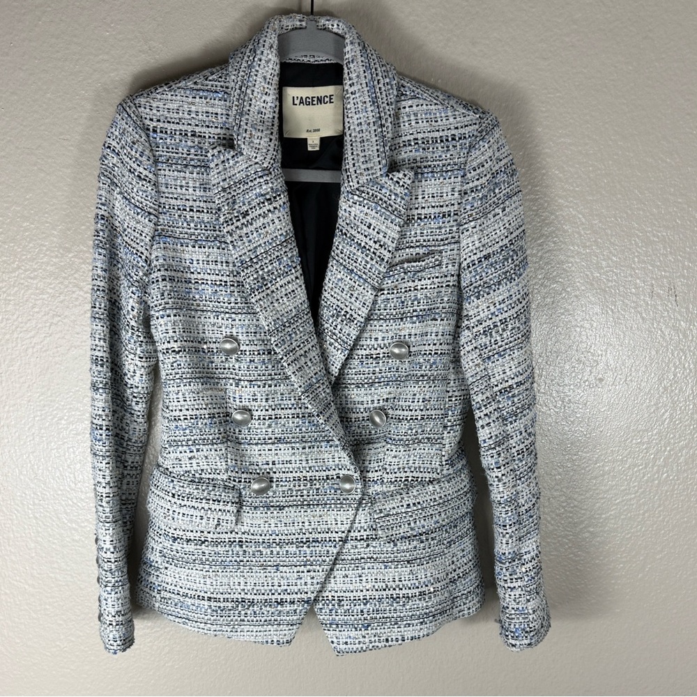 L’AGENCE Kenzie Tweed Double Breasted Blazer Blue Ivory Silver - Picture 4 of 8